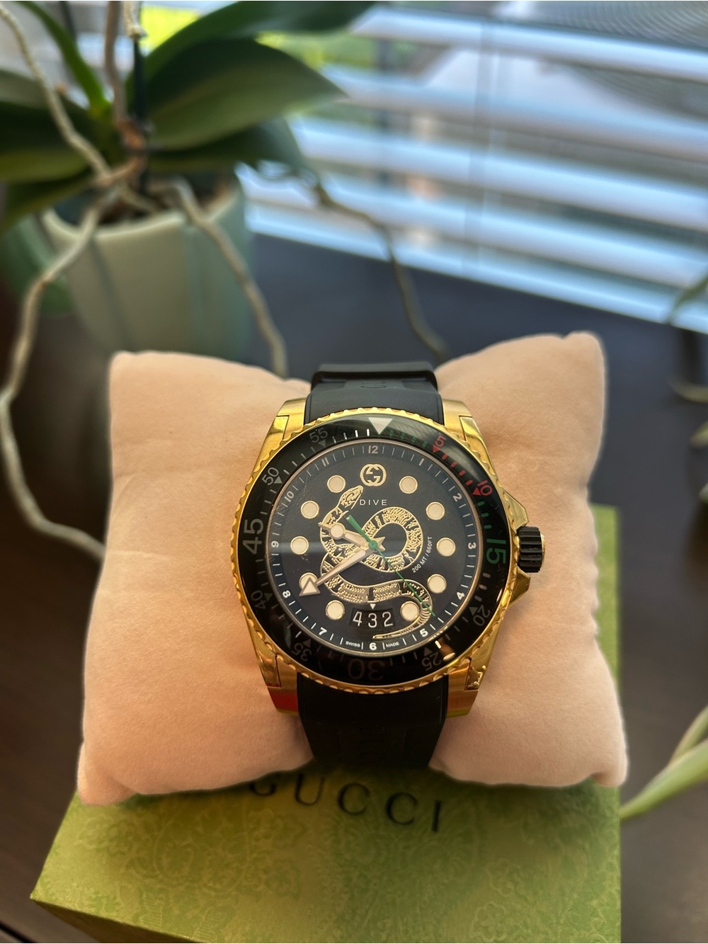 Gucci Gold and Black Dive Watch with Snake Motif